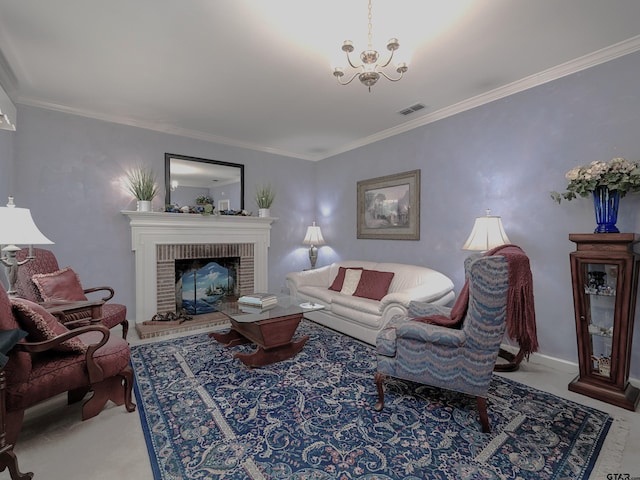 14900 Fm 848, Whitehouse, TX 75791 - living area with crown molding, a chandelier, and a brick fireplace