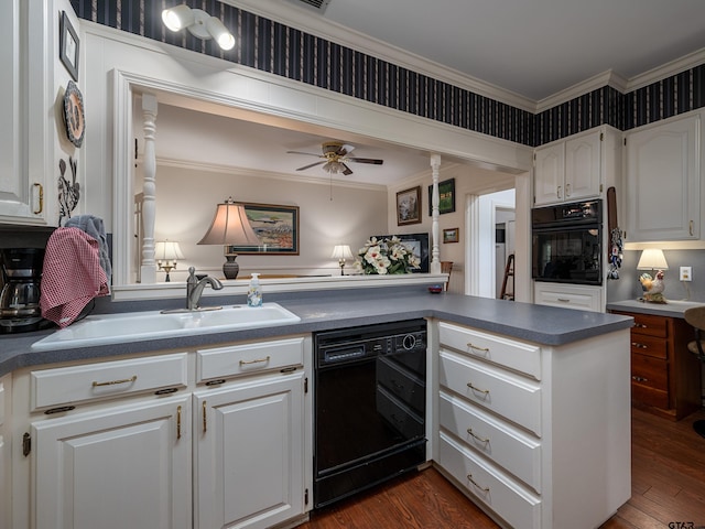 14900 Fm 848, Whitehouse, TX 75791 - kitchen featuring black appliances, ornamental molding, white cabinets, ceiling fan, and dark countertops