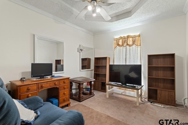 interior space with a ceiling fan, crown molding, and a textured ceiling