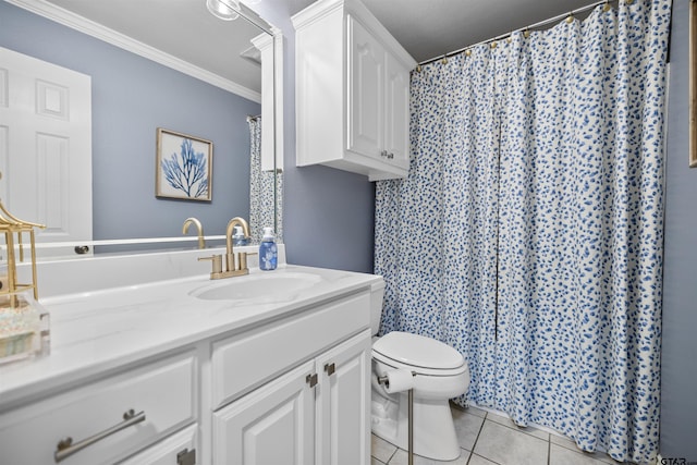 4918 Pine Knl, Tyler, TX 75703 - full bath featuring vanity, toilet, tile patterned floors, ornamental molding, and a shower with curtain