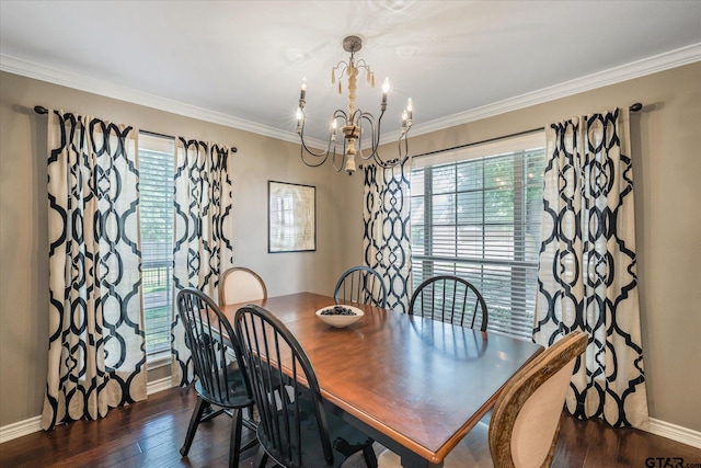 dining area featuring a chandelier, a wealth of natural light, crown molding, and dark wood-type flooring