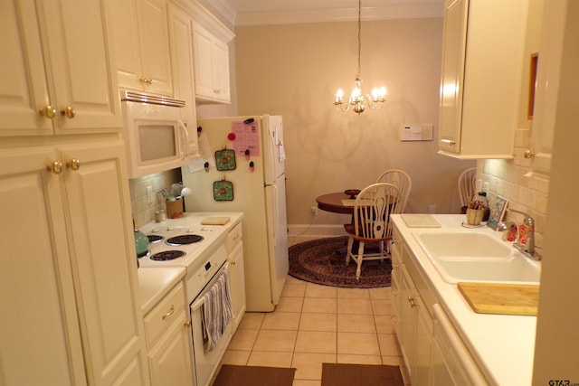 kitchen featuring white appliances, backsplash, sink, white cabinetry, and light tile patterned flooring