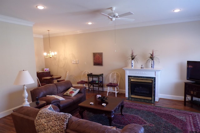 living room with dark wood-type flooring, a premium fireplace, crown molding, and ceiling fan with notable chandelier