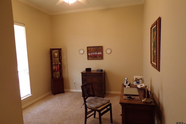 home office featuring light carpet, ceiling fan, and crown molding