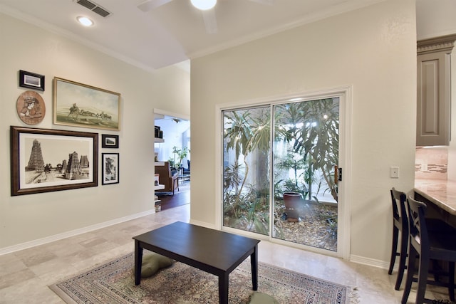 1406 Kingspark Dr, Tyler, TX 75703 - living area with ceiling fan, crown molding, and baseboards