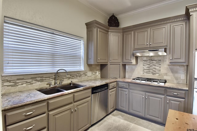 1406 Kingspark Dr, Tyler, TX 75703 - kitchen with dishwasher, gas stovetop, under cabinet range hood, a sink, and ornamental molding