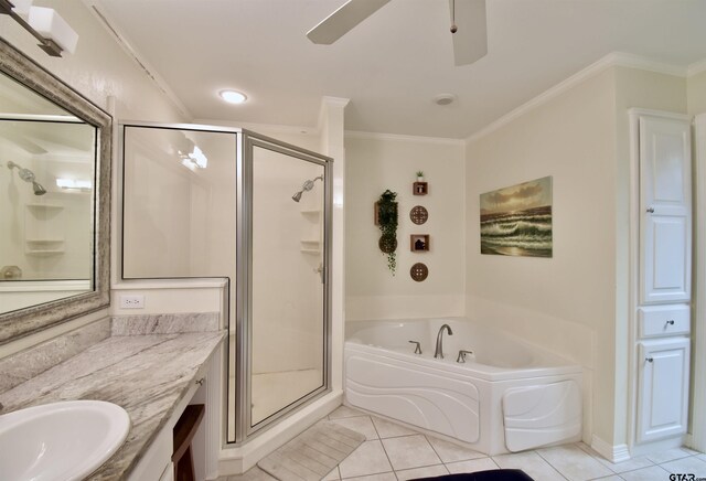 1406 Kingspark Dr, Tyler, TX 75703 - bathroom with tile patterned floors, a bath, crown molding, a stall shower, and vanity