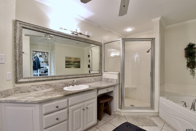 1406 Kingspark Dr, Tyler, TX 75703 - full bathroom with a ceiling fan, crown molding, tile patterned flooring, vanity, and a garden tub