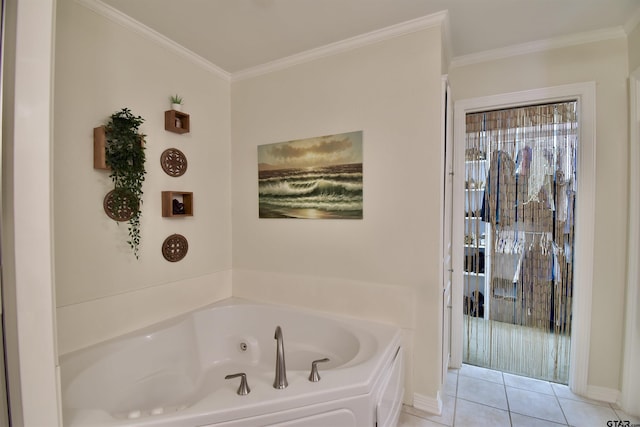 1406 Kingspark Dr, Tyler, TX 75703 - bathroom featuring a tub with jets, ornamental molding, and tile patterned floors
