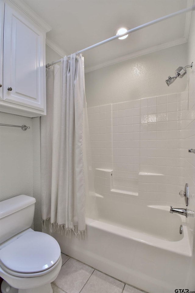 1406 Kingspark Dr, Tyler, TX 75703 - full bathroom with shower / tub combo with curtain, ornamental molding, tile patterned floors, and toilet