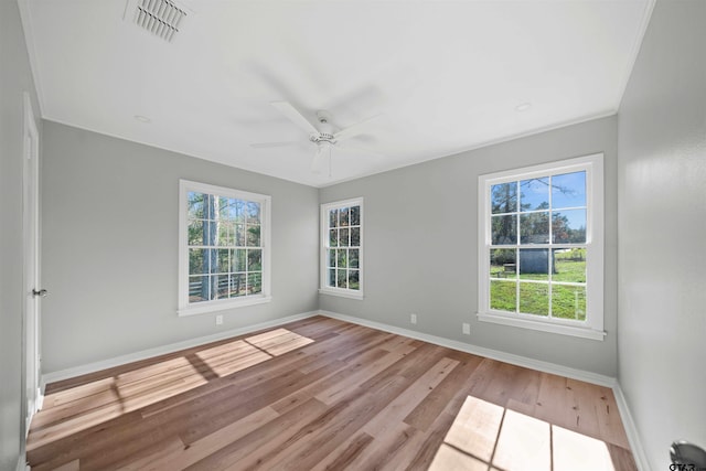 spare room featuring a wealth of natural light, light hardwood / wood-style flooring, ceiling fan, and crown molding