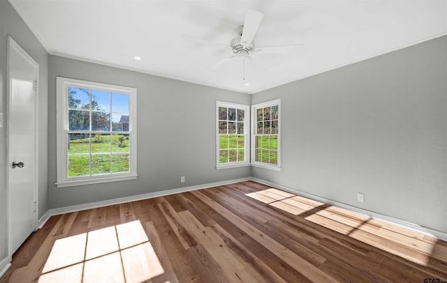 spare room featuring wood-type flooring, a wealth of natural light, and ceiling fan