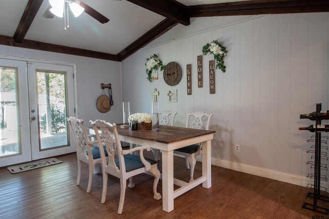 dining room featuring vaulted ceiling with beams, dark wood-type flooring, french doors, and ceiling fan