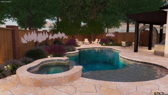7201 Pinetree Pl, Tyler, TX 75703 - pool at dusk featuring a patio area, a fenced backyard, and a pool with connected hot tub