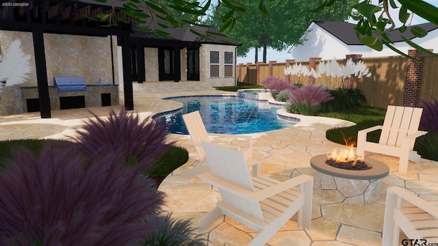 7201 Pinetree Pl, Tyler, TX 75703 - view of pool featuring an outdoor fire pit, exterior kitchen, a fenced backyard, a patio, and a grill