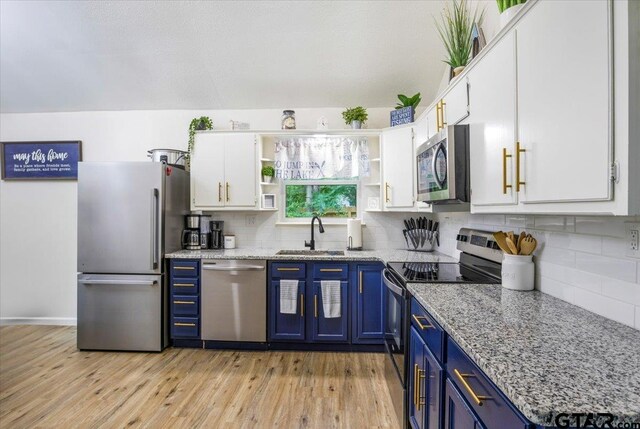 194 Debra Dr, Bullard, TX 75757 - kitchen with appliances with stainless steel finishes, a sink, blue cabinetry, and open shelves
