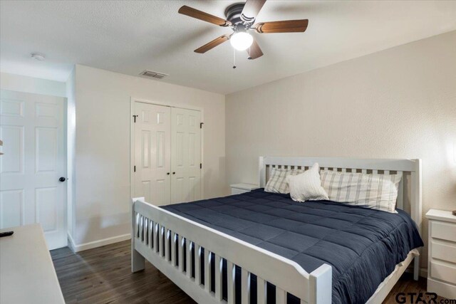 194 Debra Dr, Bullard, TX 75757 - bedroom featuring wood finished floors, baseboards, a closet, and ceiling fan