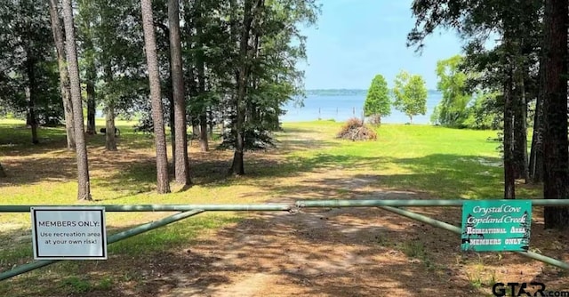 view of property's community with a water view and a lawn