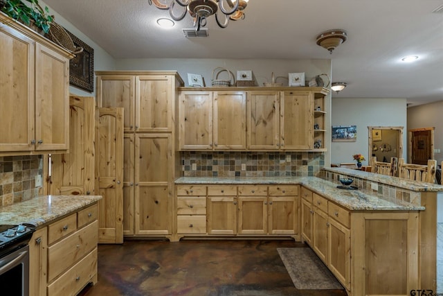 kitchen with backsplash, kitchen peninsula, light stone countertops, and a breakfast bar