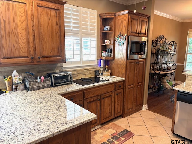 18378 Whipporwill Ln, Flint, TX 75762 - kitchen featuring stainless steel appliances, ornamental molding, tasteful backsplash, open shelves, and brown cabinets