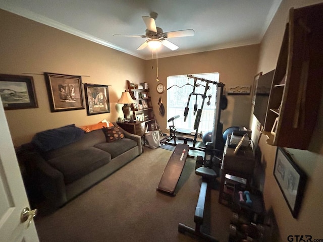 18378 Whipporwill Ln, Flint, TX 75762 - carpeted living room featuring ceiling fan and crown molding