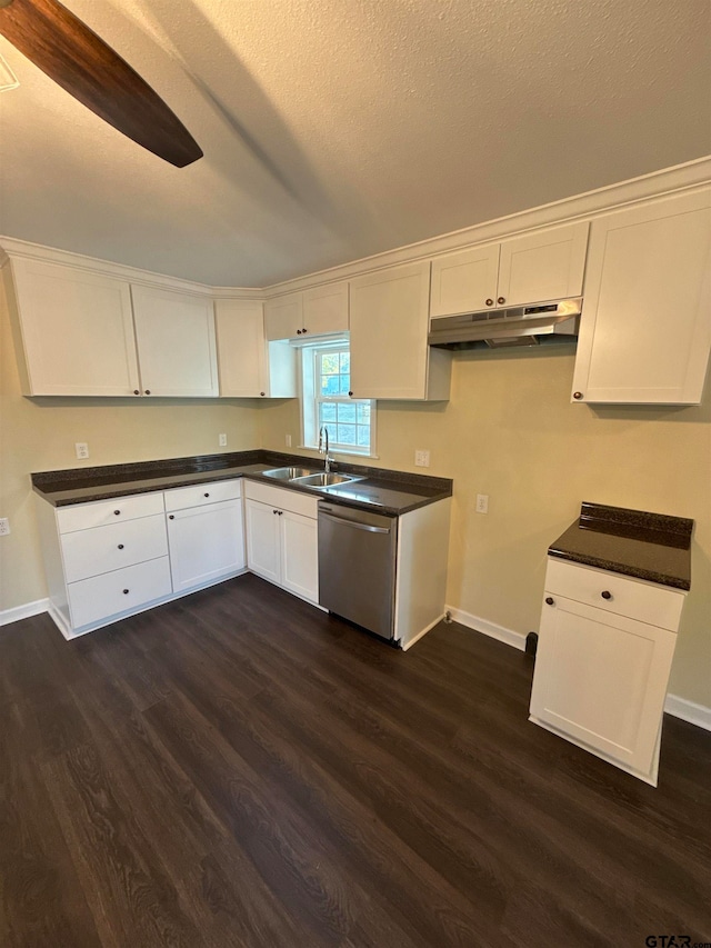 kitchen featuring sink, a textured ceiling, white cabinets, dishwasher, and dark hardwood / wood-style flooring