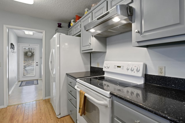 kitchen with under cabinet range hood, electric range, light wood finished floors, and gray cabinetry