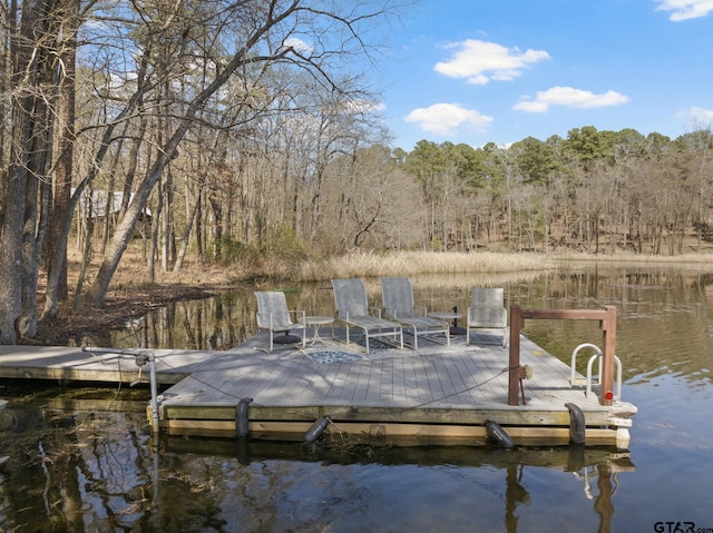 view of dock with a water view and a view of trees