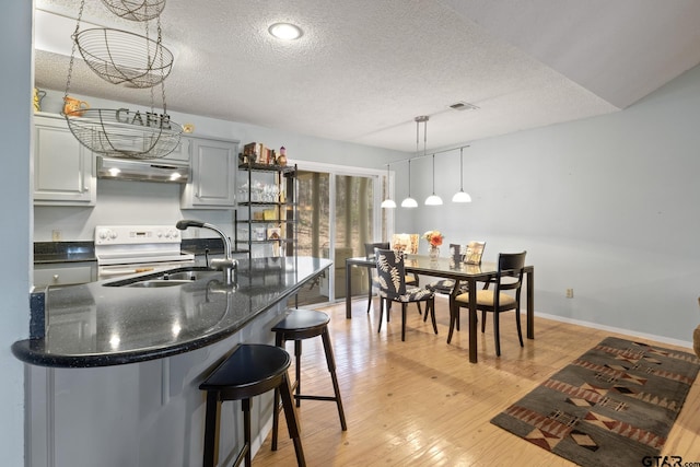 kitchen with light wood-style flooring, a sink, white electric range, under cabinet range hood, and a textured ceiling