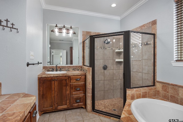 213 Coventry St, Bullard, TX 75757 - full bathroom featuring a bath, a stall shower, vanity, crown molding, and tile patterned floors