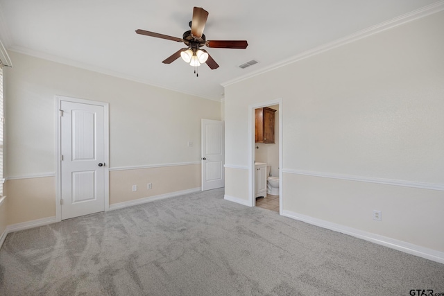 213 Coventry St, Bullard, TX 75757 - unfurnished bedroom featuring ornamental molding, carpet, ensuite bath, and a ceiling fan