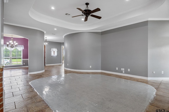 213 Coventry St, Bullard, TX 75757 - unfurnished room with a chandelier, a raised ceiling, ceiling fan, recessed lighting, and ornamental molding