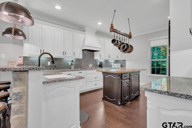 13452 Karah Ln, Lindale, TX 75771 - kitchen with white cabinets, ornamental molding, dark wood-type flooring, tasteful backsplash, and light stone countertops