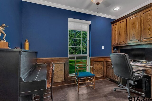13452 Karah Ln, Lindale, TX 75771 - office featuring ornamental molding, wainscoting, and dark wood-type flooring