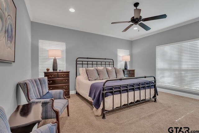13452 Karah Ln, Lindale, TX 75771 - bedroom featuring light colored carpet, baseboards, recessed lighting, crown molding, and a ceiling fan