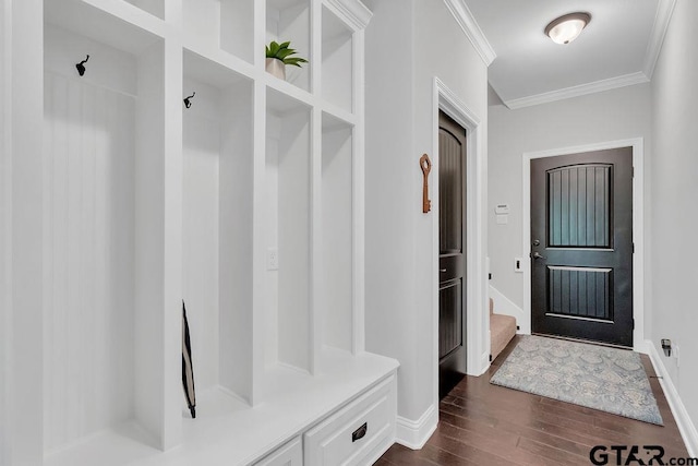 13452 Karah Ln, Lindale, TX 75771 - mudroom with ornamental molding, dark wood-style floors, and baseboards
