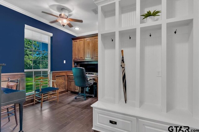 13452 Karah Ln, Lindale, TX 75771 - mudroom with crown molding, a ceiling fan, dark wood-style flooring, and recessed lighting