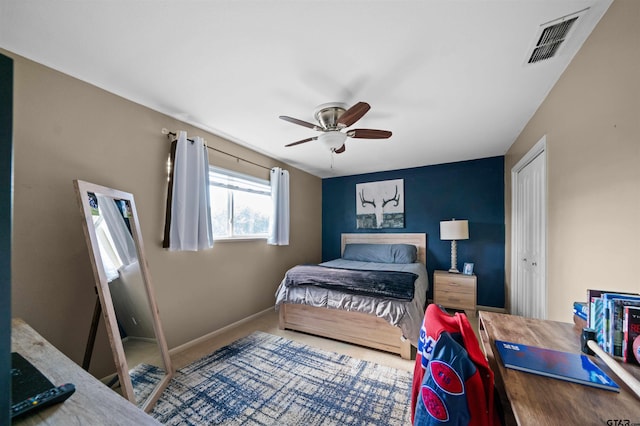 bedroom with ceiling fan and a closet