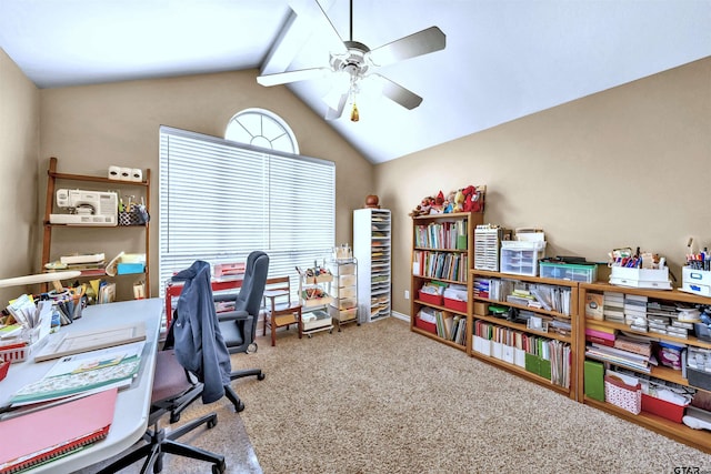 carpeted office with vaulted ceiling with beams and ceiling fan