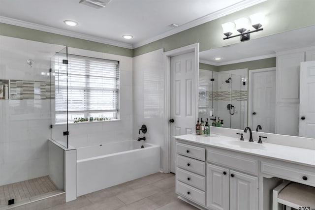 bathroom featuring tile patterned flooring, vanity, shower with separate bathtub, and crown molding