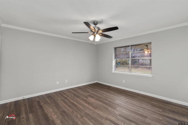 spare room featuring ornamental molding, dark wood-type flooring, and ceiling fan