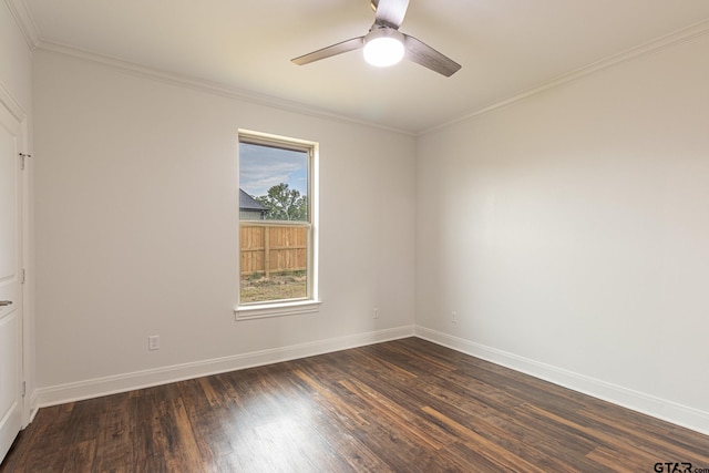 unfurnished room with crown molding, dark hardwood / wood-style floors, and ceiling fan