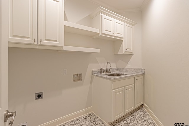 clothes washing area featuring cabinets, light tile patterned flooring, sink, and hookup for an electric dryer