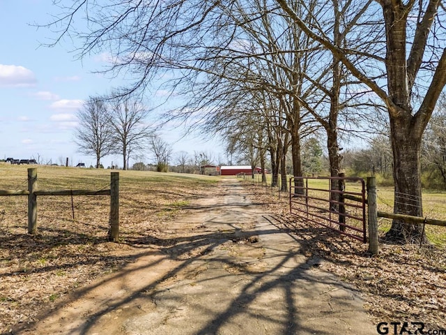 view of street featuring an outbuilding, a rural view, and driveway