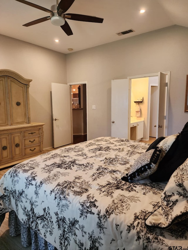 670 Frederick Cir, Flint, TX 75762 - bedroom with vaulted ceiling, recessed lighting, ceiling fan, and ensuite bath