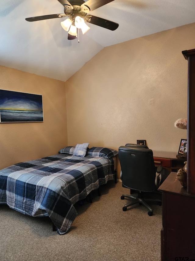670 Frederick Cir, Flint, TX 75762 - carpeted bedroom featuring vaulted ceiling, a ceiling fan, and an office area