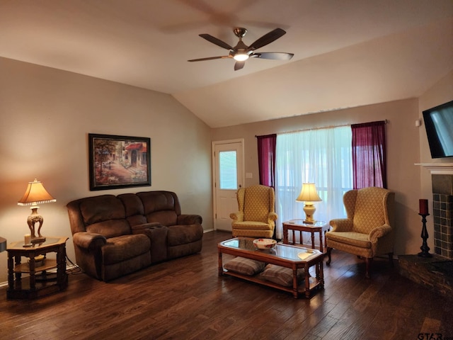 670 Frederick Cir, Flint, TX 75762 - living room with a ceiling fan, hardwood / wood-style flooring, vaulted ceiling, and a tiled fireplace