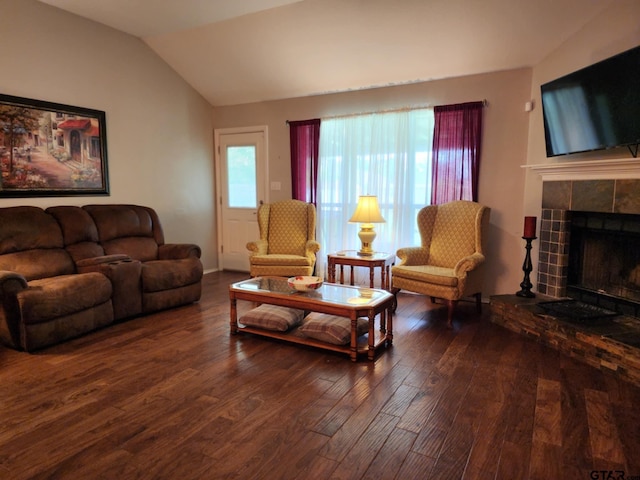 670 Frederick Cir, Flint, TX 75762 - living room with wood-type flooring, vaulted ceiling, and a fireplace