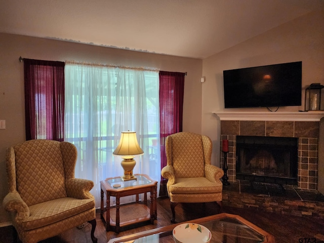 670 Frederick Cir, Flint, TX 75762 - living area featuring lofted ceiling, wood finished floors, and a tiled fireplace