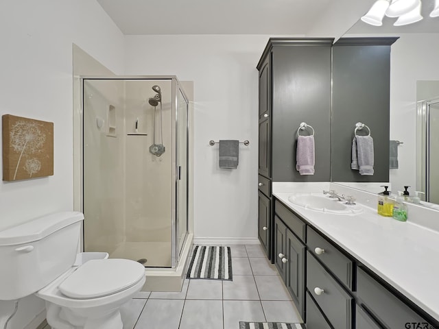 full bathroom featuring toilet, a stall shower, vanity, and tile patterned floors